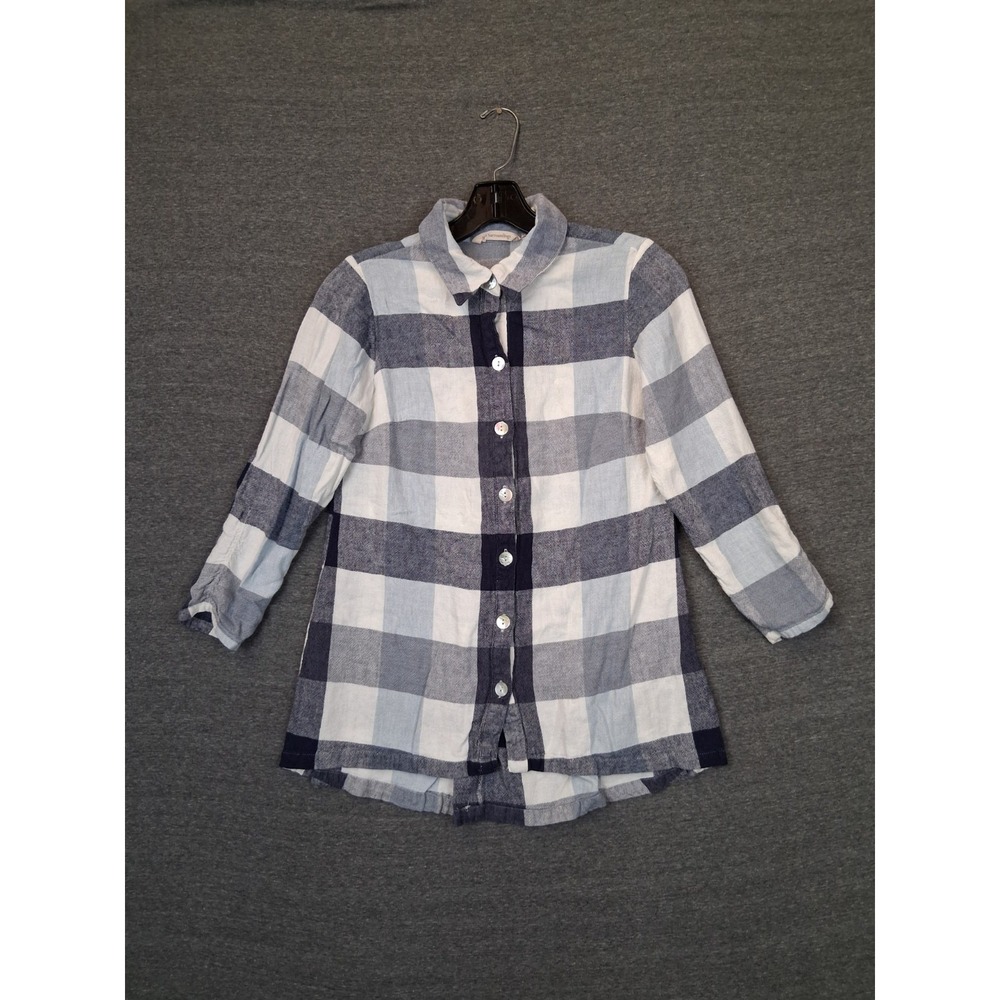 Soft Surroundings Shirt Womens XS Blue Plaid Gauze Linen Coastal Carreaux Resort